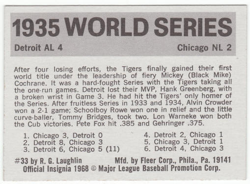 1971 Fleer 1935 World Series Card #33 back