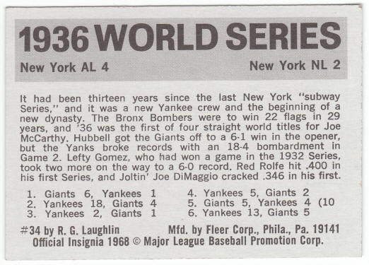 1971 Fleer 1936 World Series Card #34 Red Rolfe back