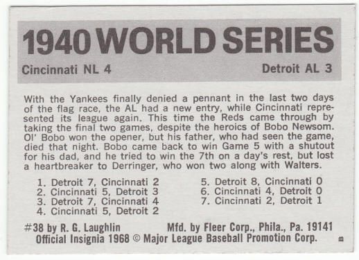 1971 Fleer 1940 World Series Card #38 Bobo Newsom back