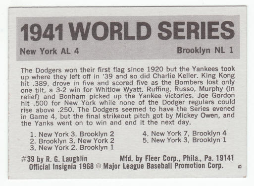 1971 Fleer 1941 World Series Card #39 Charlie Keller back