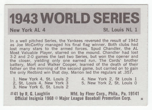 1971 Fleer 1943 World Series Card #41 Spud Chandler back