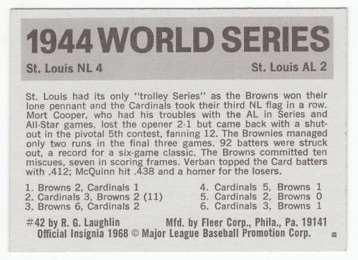 1971 Fleer 1944 World Series Card #42 Mort Cooper back