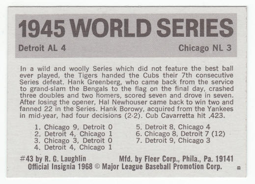 1971 Fleer 1945 World Series Card #43 Hank Greenberg back