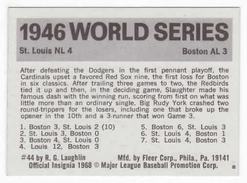 1971 Fleer 1946 World Series Card #44 Enos Slaughter back