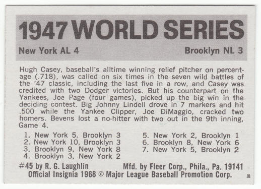 1971 Fleer 1947 World Series Card #45 back