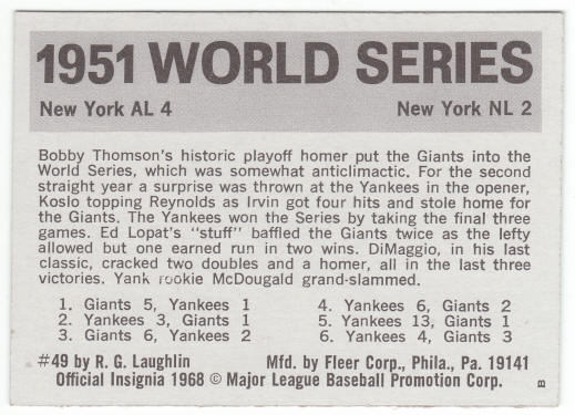 1971 Fleer 1951 World Series Card #49 Ed Lopat back