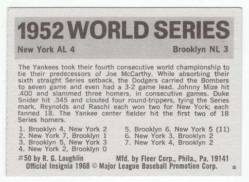 1971 Fleer 1952 World Series Card #50 Johnny Mize back