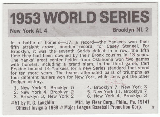 1971 Fleer 1953 World Series Card #51 back