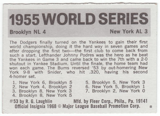 1971 Fleer 1955 World Series Card #53 Duke Snider back