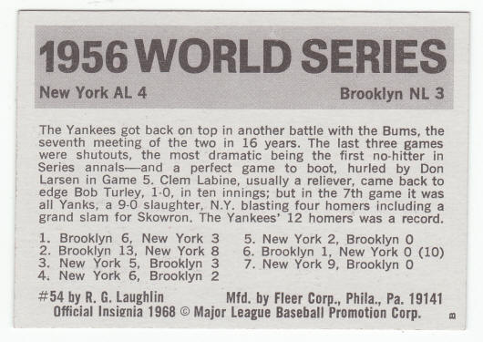 1971 Fleer 1956 World Series Card #54 Don Larsen No Hitter back