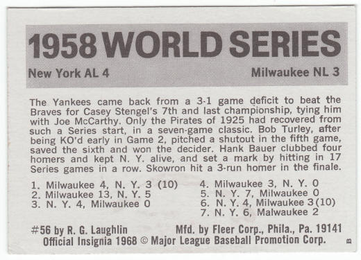 1971 Fleer 1958 World Series Card #56 Hank Bauer back