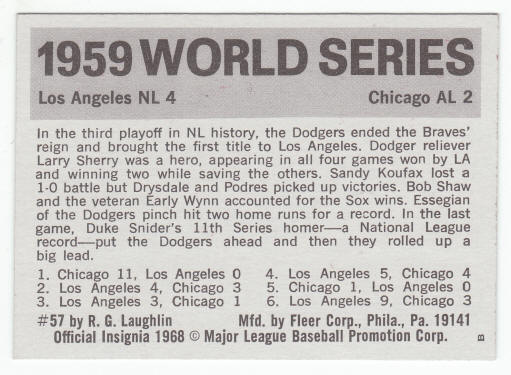 1971 Fleer 1959 World Series Card #57 Duke Snider back