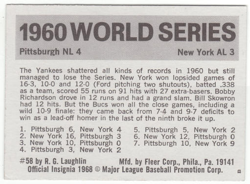 1971 Fleer 1960 World Series Card #58 Skowron Richardson back