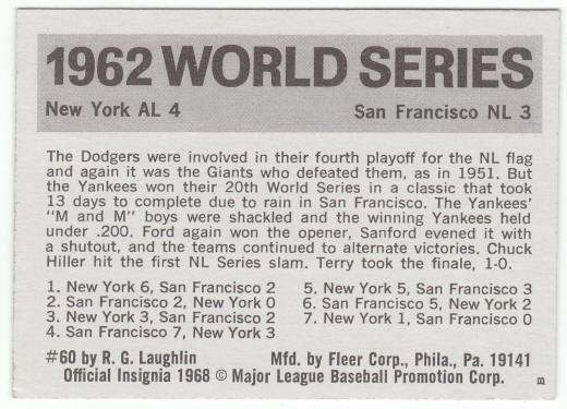 1971 Fleer 1962 World Series Card #60 Chuck Hiller back