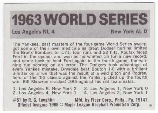 1971 Fleer 1963 World Series Card #61 back
