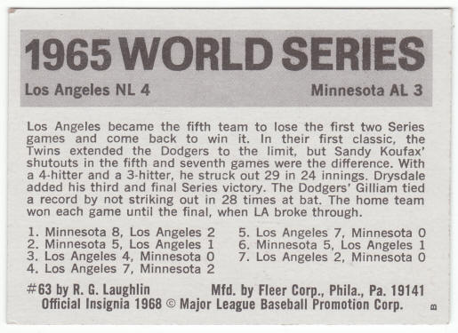 1971 Fleer 1965 World Series Card #63 back