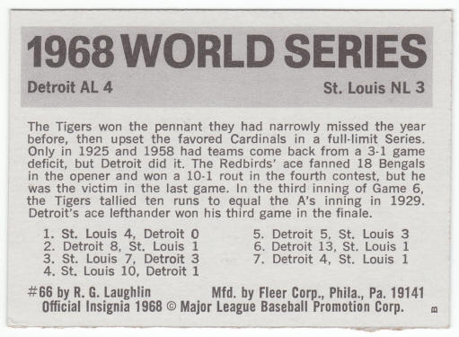 1971 Fleer 1968 World Series Card #66 back