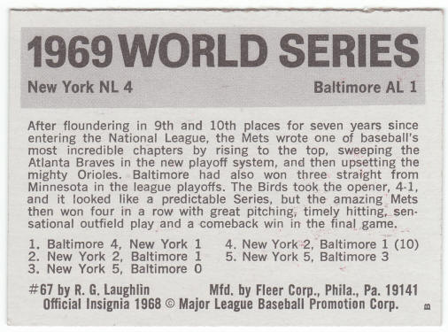 1971 Fleer 1969 World Series Card #67 Mets back