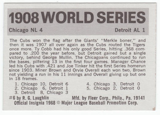 1971 Fleer 1908 World Series Card #6 Ty Cobb back