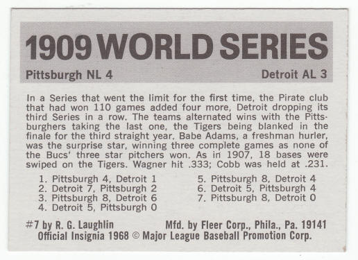 1971 Fleer 1909 World Series Card #7 Babe Adams back