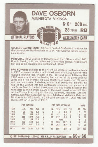 1971 Kelloggs Dave Osborn #60 back