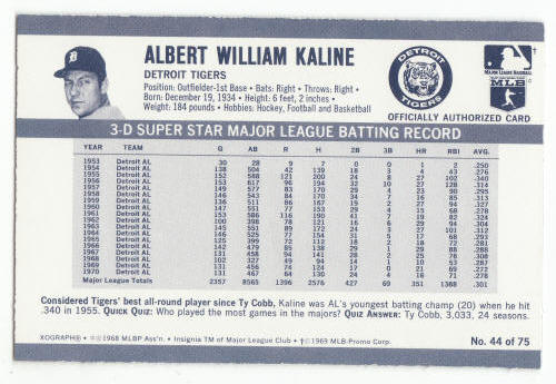 1971 Kelloggs 3D Al Kaline #44 back