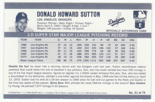 1971 Kelloggs 3D Baseball Don Sutton 31 back