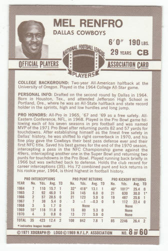 1971 Kelloggs Football 8 Mel Renfro back