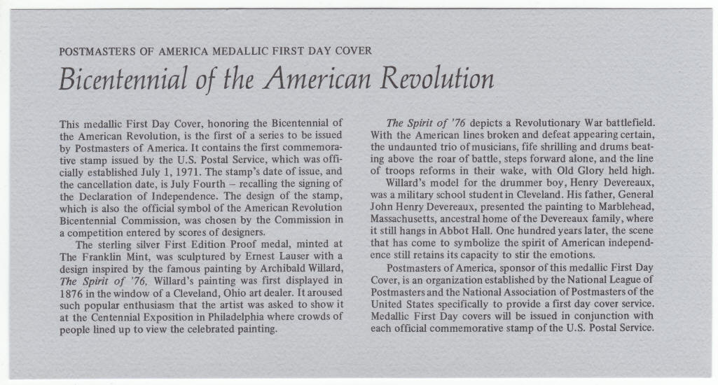 1971 Postmasters Of America Commemorative Issue No. 1 Info Card