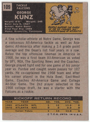 1971 Topps Football #109 George Kunz Rookie Card