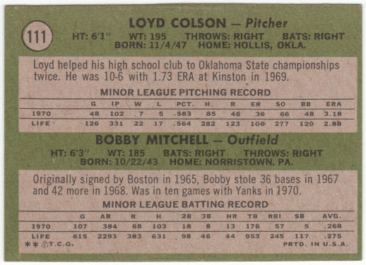 1971 Topps Baseball #111 Yankees Rookies Loyd Colson Bobby Mitchell