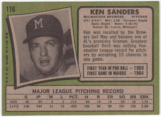 1971 Topps Baseball #116 Ken Sanders