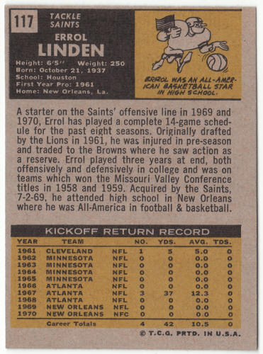 1971 Topps Football #117 Errol Linden Rookie Card