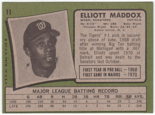 1971 Topps Baseball #11 Elliott Maddox Rookie Card