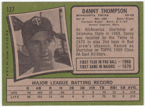 1971 Topps Baseball #127 Danny Thompson Rookie Card