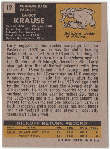 1971 Topps Football #12 Larry Krause Rookie Card