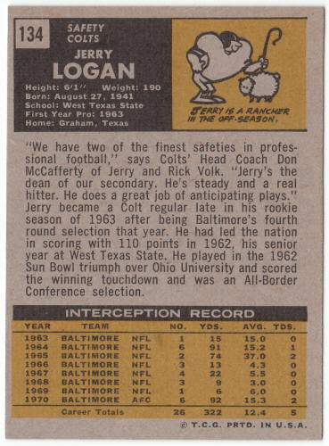 1971 Topps Football #134 Jerry Logan