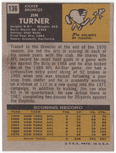 1971 Topps Football #136 Jim Turner