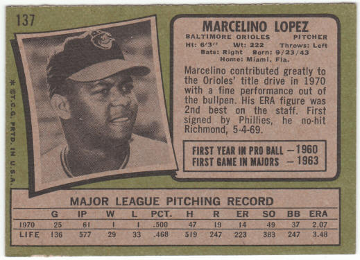 1971 Topps Baseball #137 Marcelino Lopez