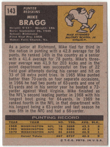 1971 Topps Football #143 Mike Bragg Rookie Card