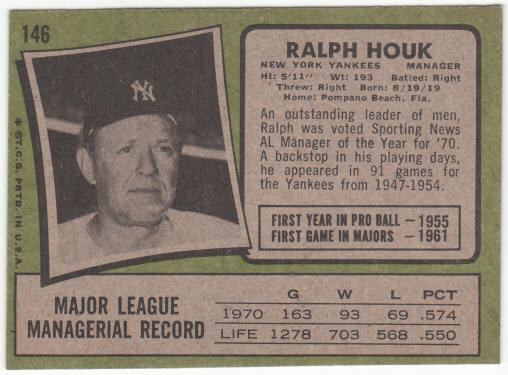 1971 Topps Baseball #146 Ralph Houk MG