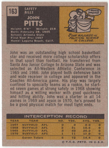 1971 Topps Football #163 John Pitts Rookie Card