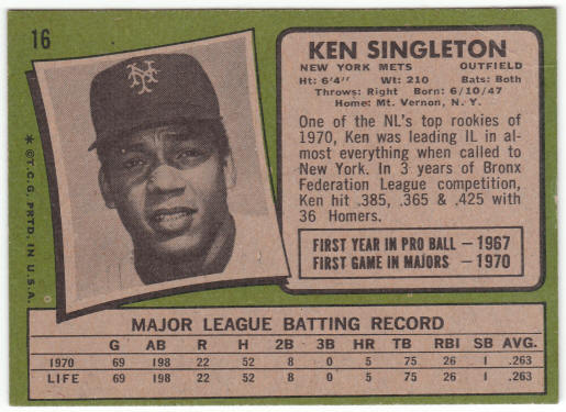 1971 Topps Baseball #16 Ken Singleton Rookie Card