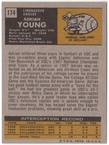 1971 Topps Football #174 Adrian Young Rookie Card UER
