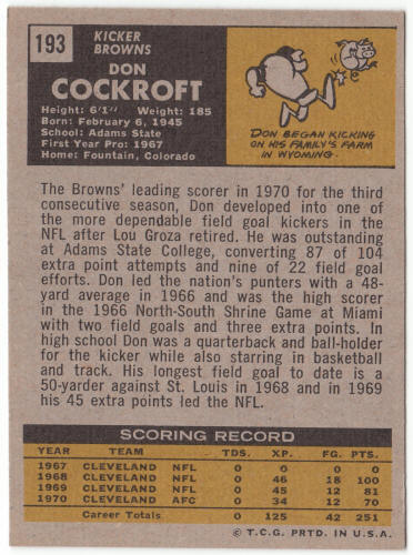 1971 Topps Football #193 Don Cockroft Rookie Card