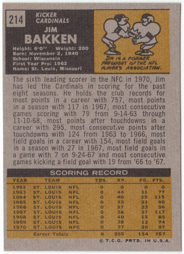 1971 Topps Football #214 Jim Bakken