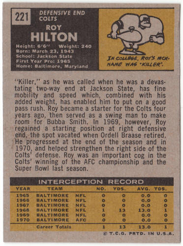 1971 Topps Football #221 Roy Hilton