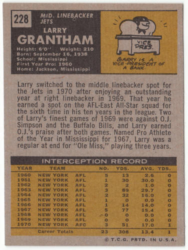 1971 Topps Football #228 Larry Grantham