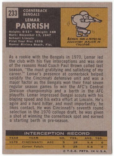1971 Topps #233 Lemar Parrish Rookie Card