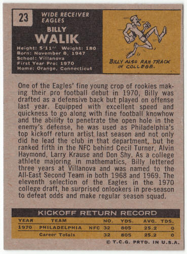 1971 Topps Football #23 Billy Walik Rookie Card